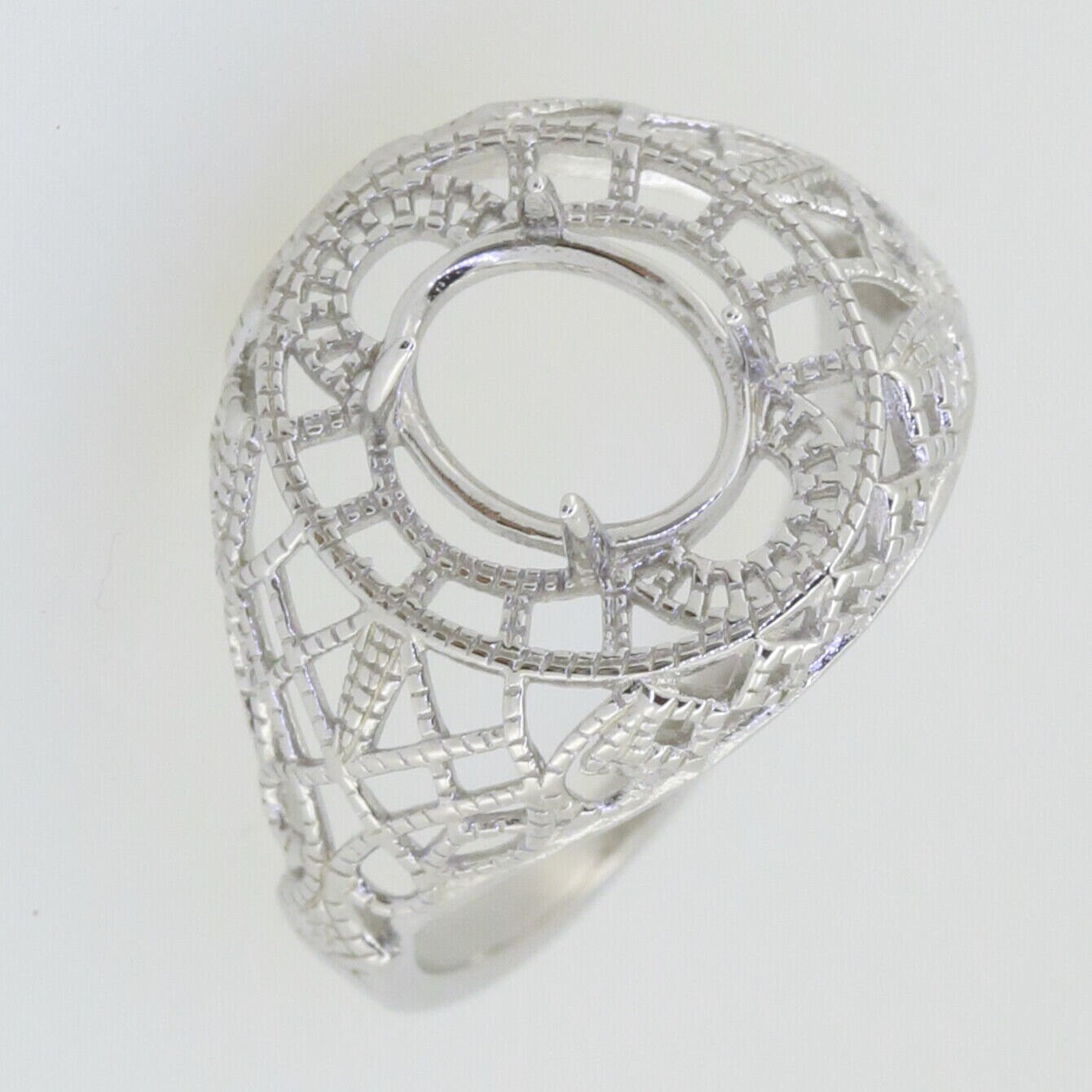 Sterling Silver Semi Mount Ring Setting with Art Deco style scroll design, oval center for customizable gemstone placement.