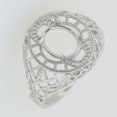 Sterling Silver Semi Mount Ring Setting with Art Deco style scroll design, oval center for customizable gemstone placement.