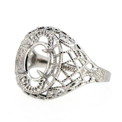 Sterling Silver Semi Mount Ring Setting in Art Deco Style with intricate scroll design, ready for an oval stone fitting.