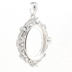 Sterling Silver Semi Mount Pendant Setting with White Topaz for 16x12mm Cabochon stones, customizable design.