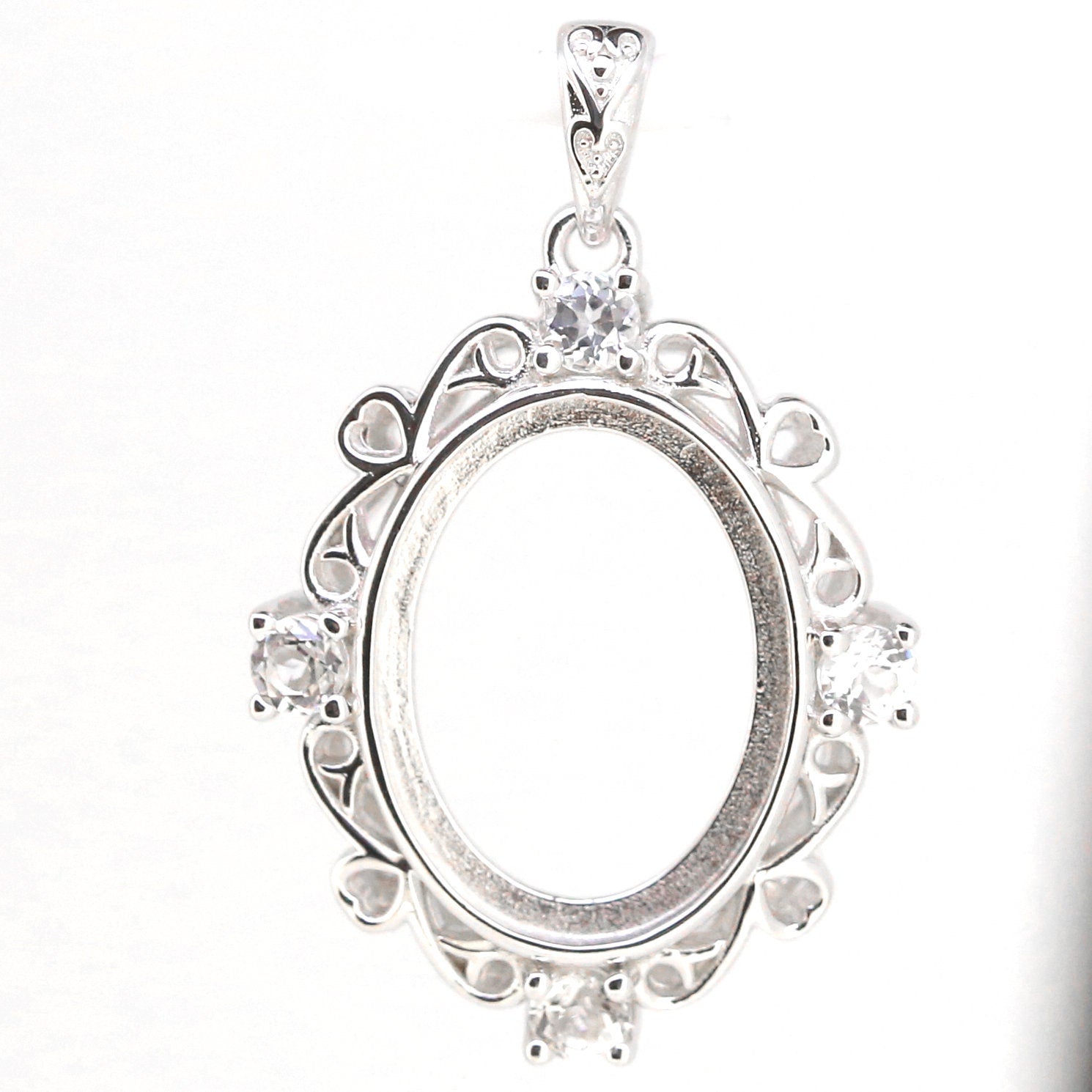 Sterling silver semi-mount pendant setting with white topaz, designed for cabochon stones, oval 16x12mm.