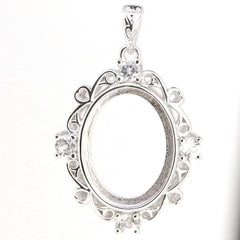 Sterling silver semi-mount pendant setting with white topaz, designed for cabochon stones, oval 16x12mm.