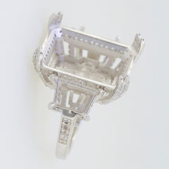 Sterling silver semi mount ring setting designed for three stones, featuring an intricate design, ideal for custom gemstones.