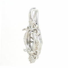Vintage style sterling silver semi mount pendant setting for 12x10mm cabochon with white topaz accent, side view.