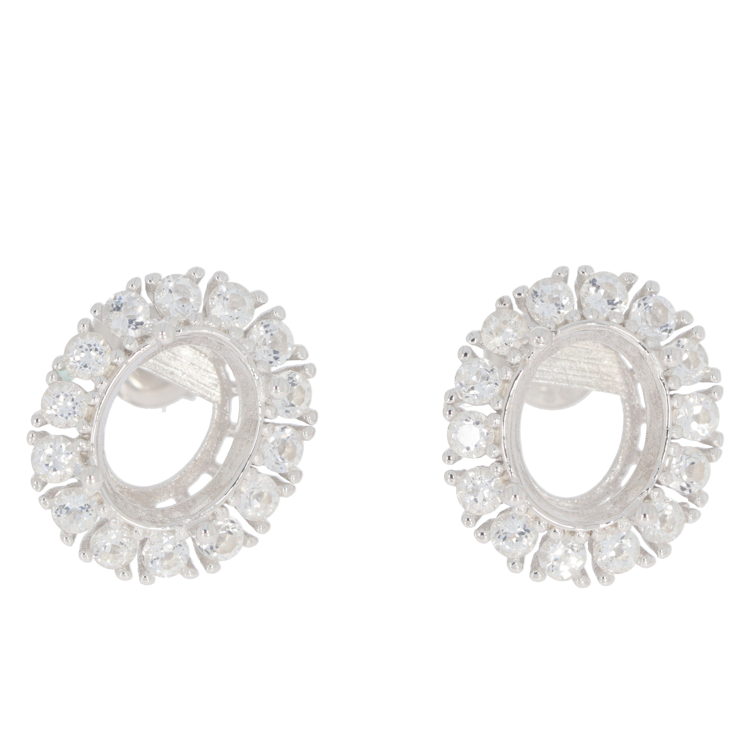 Sterling silver semi mount earrings setting with oval white topaz gemstones, designed for custom sizing.