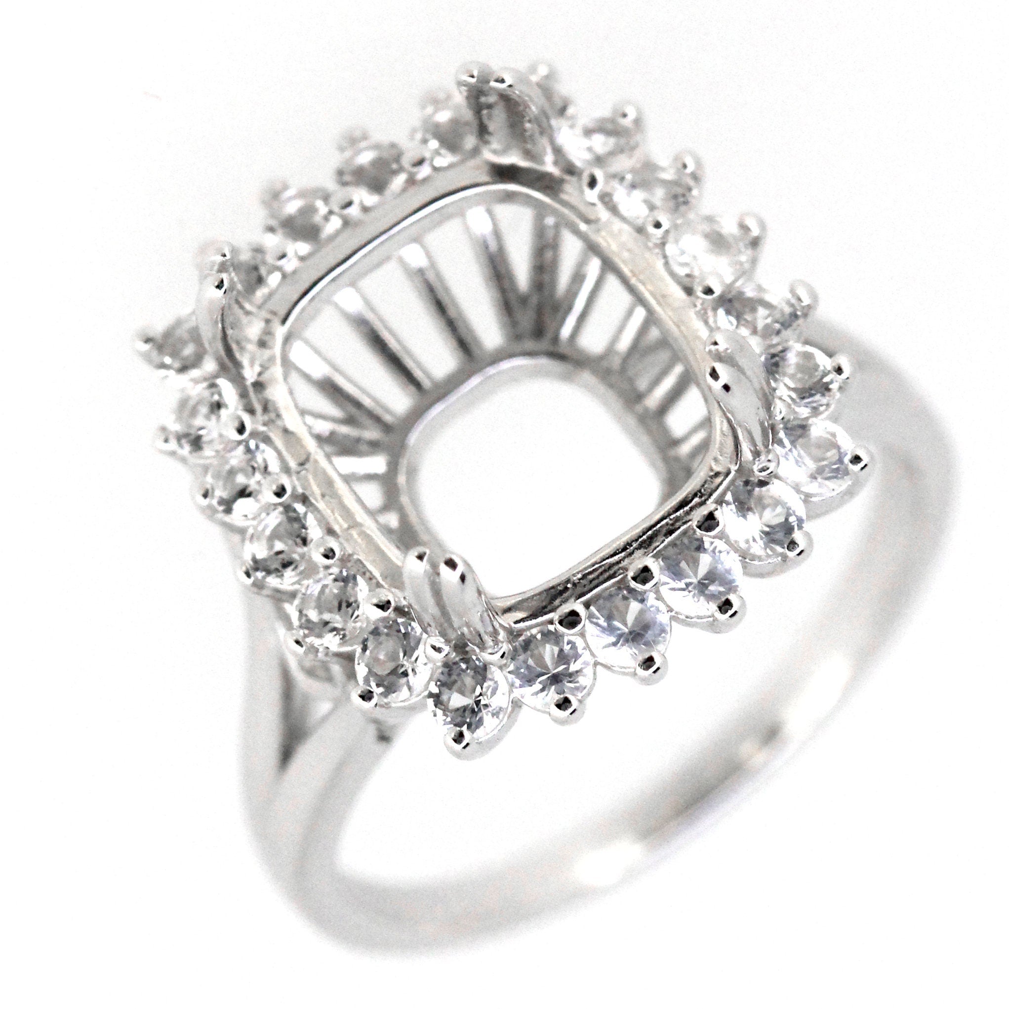Sterling Silver semi mount ring setting with radiant halo for 12x10mm gemstone, accented with D Color Moissanite.