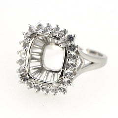 Sterling silver semi mount ring setting with halo for 12x10mm gemstone, featuring D Color Moissanite accents.