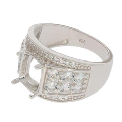 Sterling Silver semi mount ring setting designed for 9x7mm cushion stone with white topaz details, elegant and customizable.