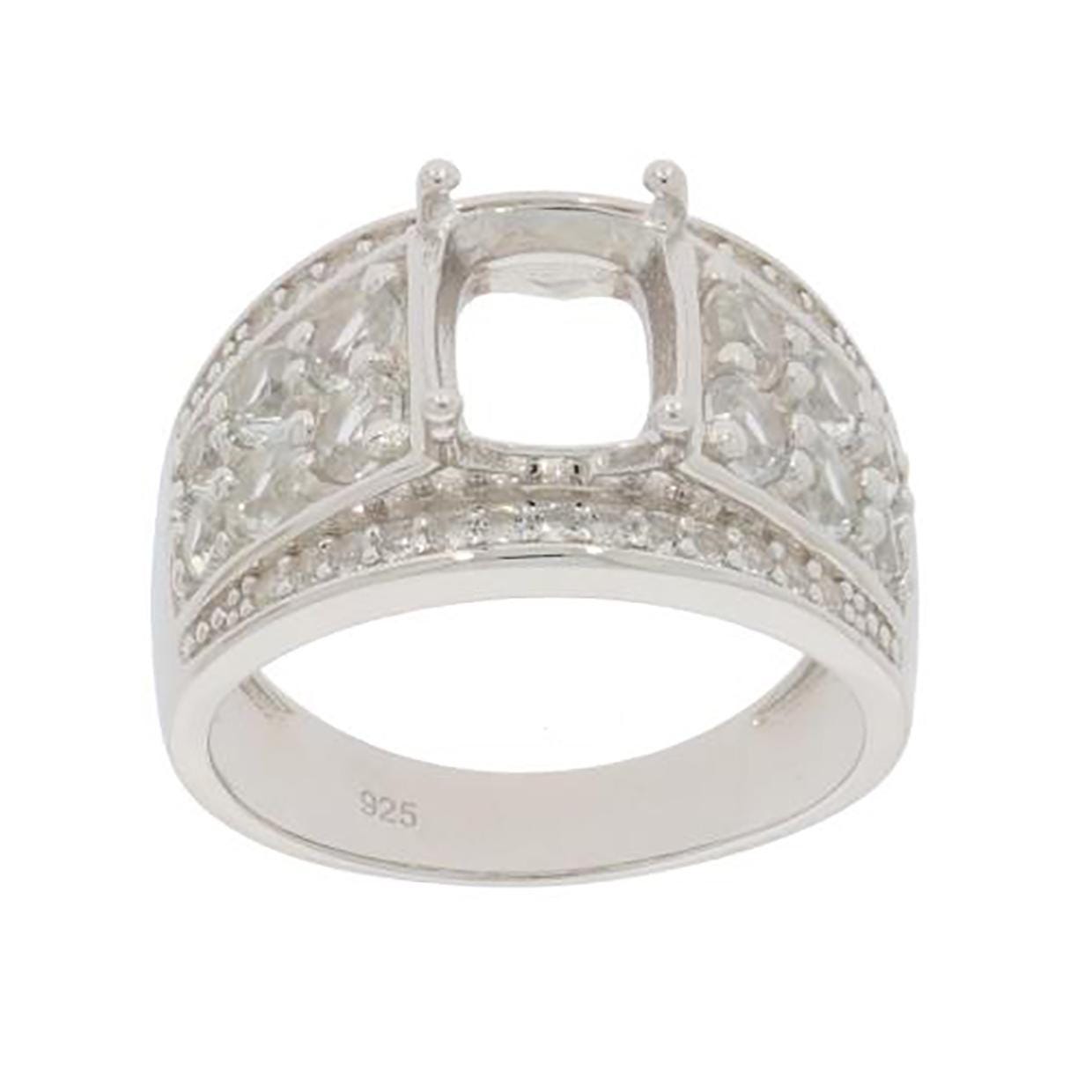 Sterling silver semi mount ring setting with cushion cut slot for 9x7mm white topaz, featuring intricate designs.