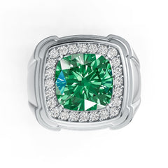 Sterling Silver Lab Grow Thermal Emerald Men's Singnet Ring Halo Design