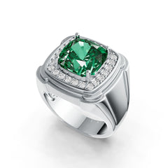 Sterling Silver Lab Grow Thermal Emerald Men's Singnet Ring Halo Design