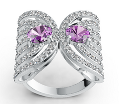 Elegant Double-Gem Winged Birthstone Ring – 12 Gemstone Variants, Micro-Pavé Statement Design, Luxury Fashion Jewelry PJC4559R