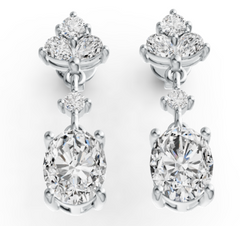 Elegant Oval Birthstone Drop Earrings – Triple Crystal Accent Top with Classic Prong-Set Gemstone, 12 Birthstone Variants PJC1743E