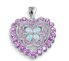 Elegant Heart & Butterfly Birthstone Pendant – Opal Center Butterfly with Crystal Floral Halo, Luxury Statement Necklace PJC6697P