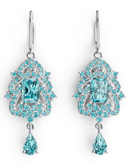 Vintage Emerald-Cut Birthstone Dangle Earrings – Ornate Pavé Halo with Pear-Drop Accent, 12 Gemstone Variants PJC7735E