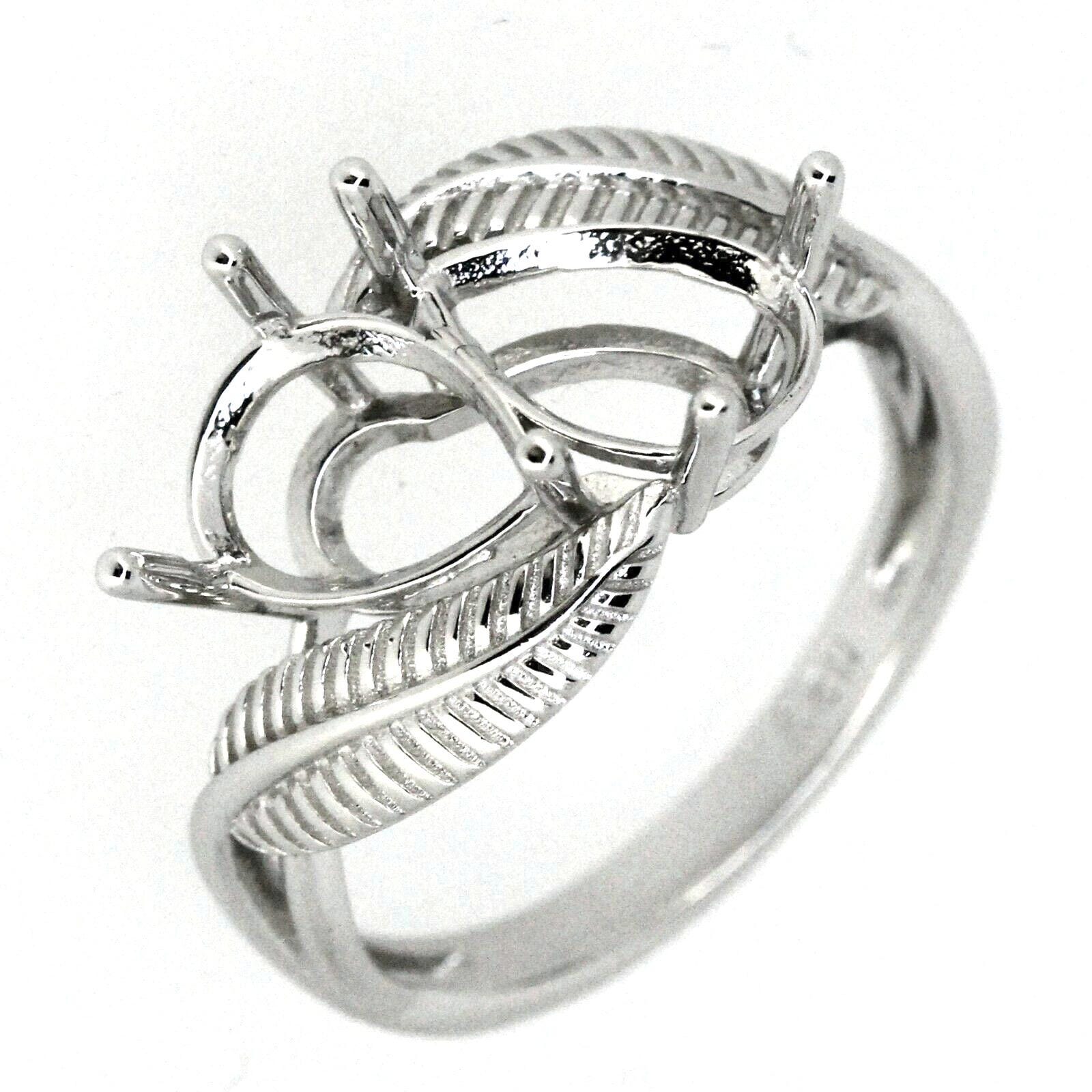 Sterling Silver Semi Mount Ring Setting with Feather Theme, 9x6mm Pear Shape, Toi et Moi Bypass Design